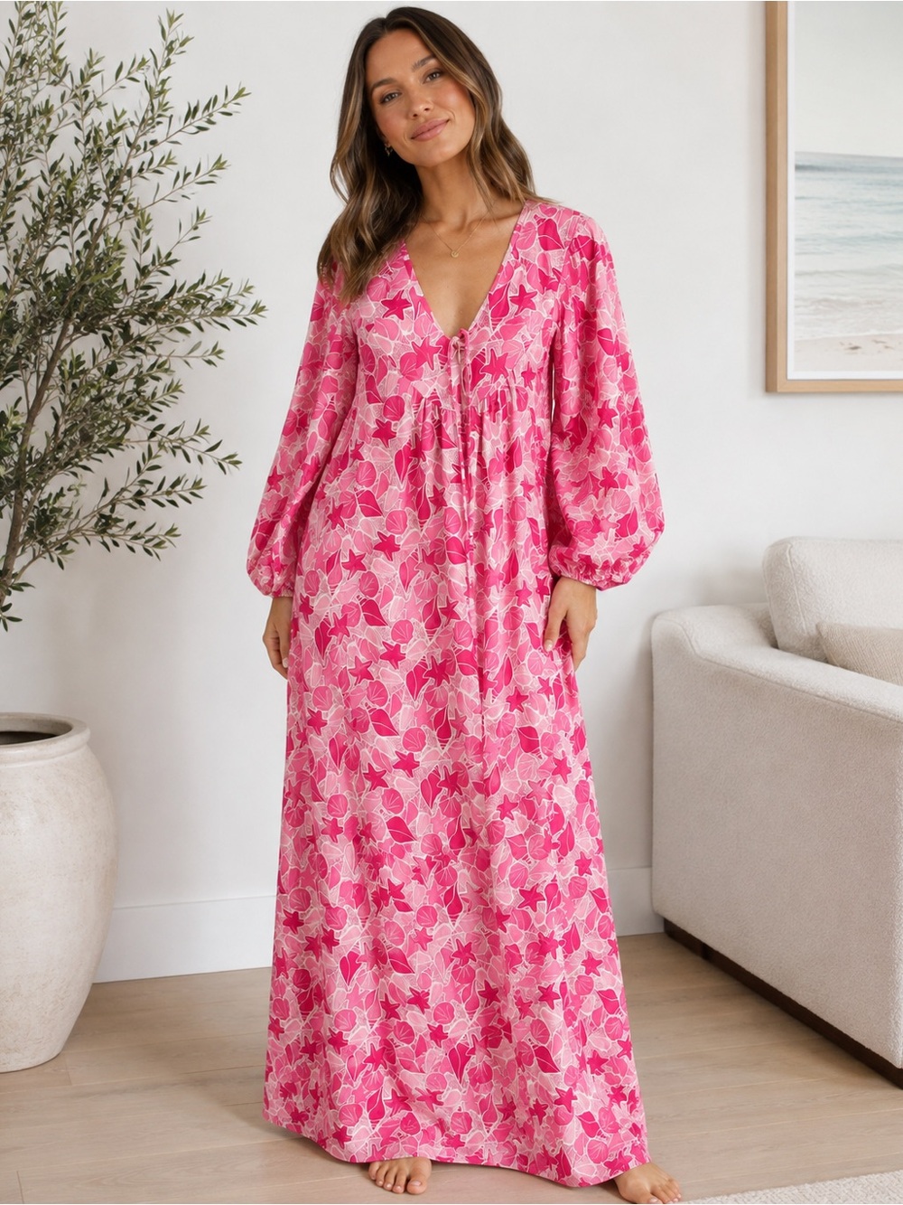 Gilligan & O'Malley Pink Floral V-Neck Maxi Dress with Balloon Sleeves